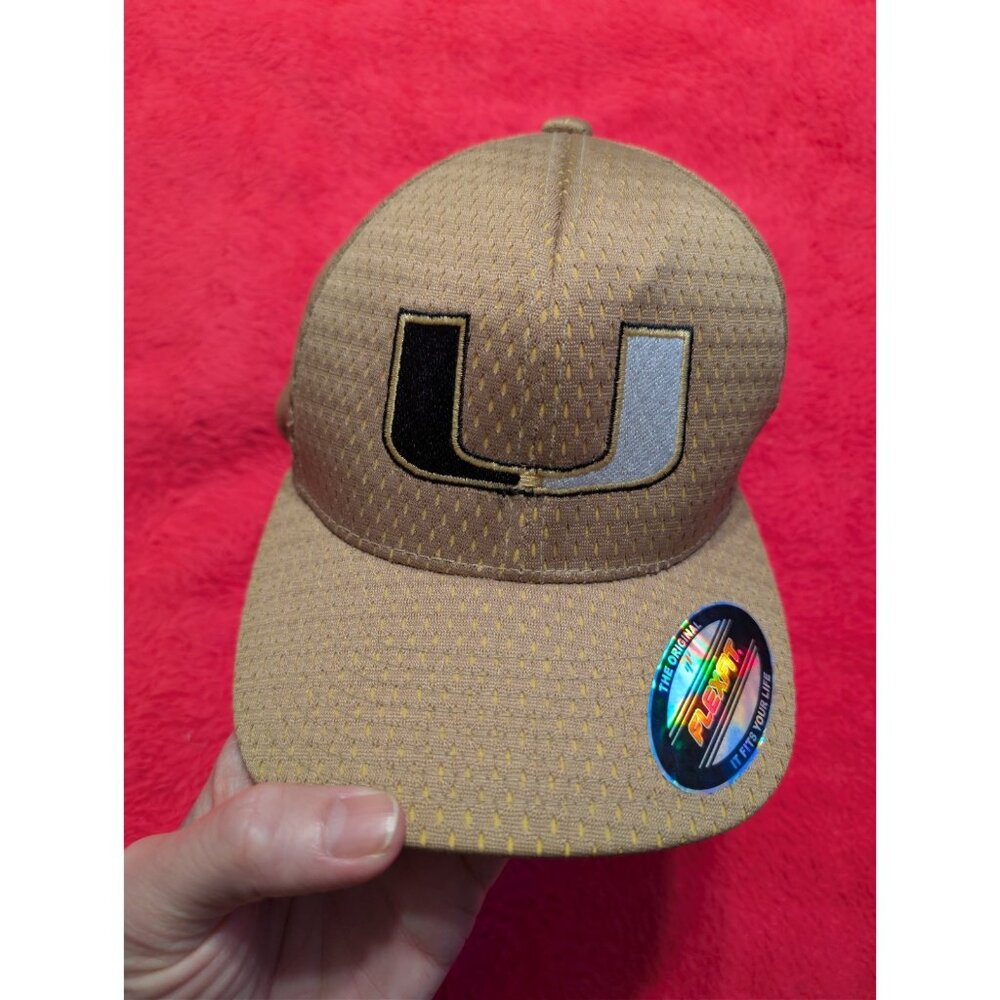 Miami Hurricanes Flexfit Perforated Mesh Hat Khaki U Logo Fitted Performance Cap